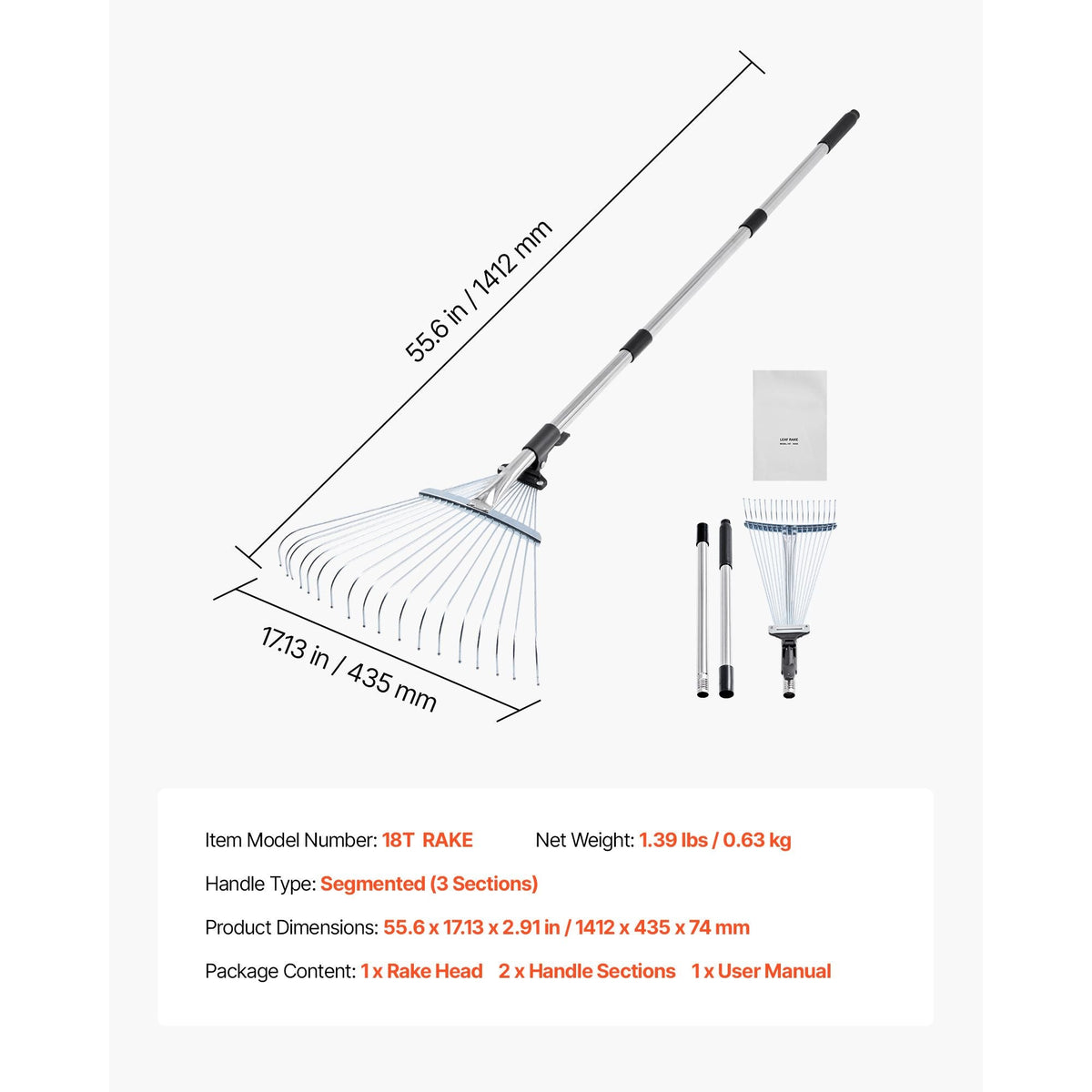Leaf Rake, 18 Metal Tines, Adjustable Garden Rake for Lawns with 7.7-17.1 Inch Head & 32.3-55.6 Inch Long Handle, Heavy Duty Stainless Steel Small Leaves Tool for Gardening Camping Yard Grass
