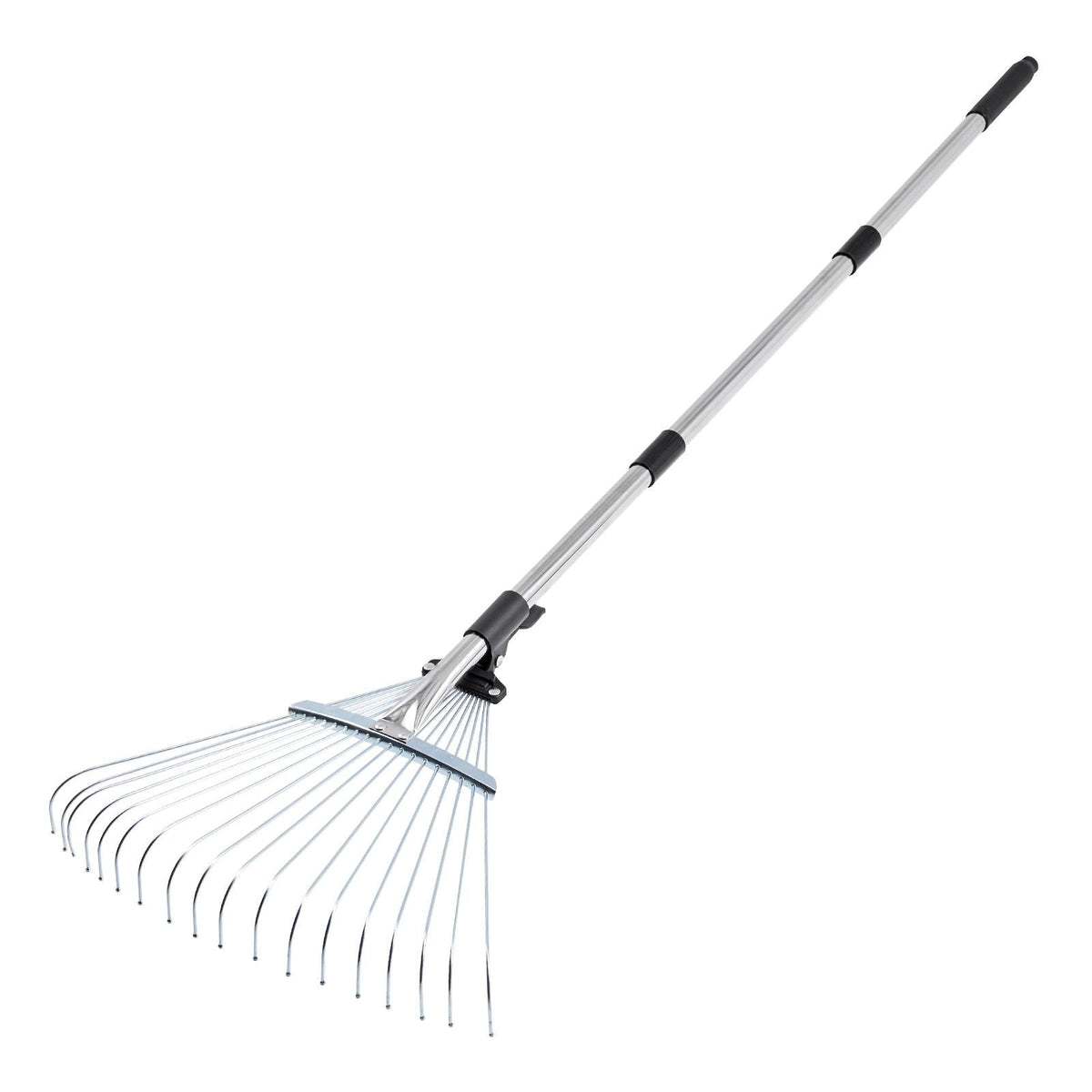 Leaf Rake, 18 Metal Tines, Adjustable Garden Rake for Lawns with 7.7-17.1 Inch Head & 32.3-55.6 Inch Long Handle, Heavy Duty Stainless Steel Small Leaves Tool for Gardening Camping Yard Grass