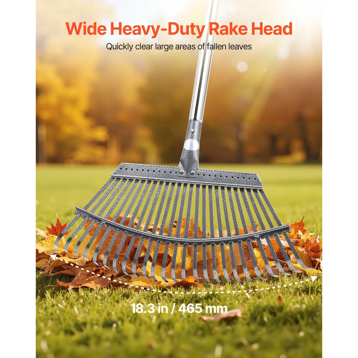 Leaf Rake, 25 Metal Tines, Adjustable Garden Rake for Lawns with 18.3 Inch Wide Head & 36.4-72.8 Inch Long Handle, Heavy Duty Stainless Steel Small Leaves Tool for Gardening Camping Yard Grass