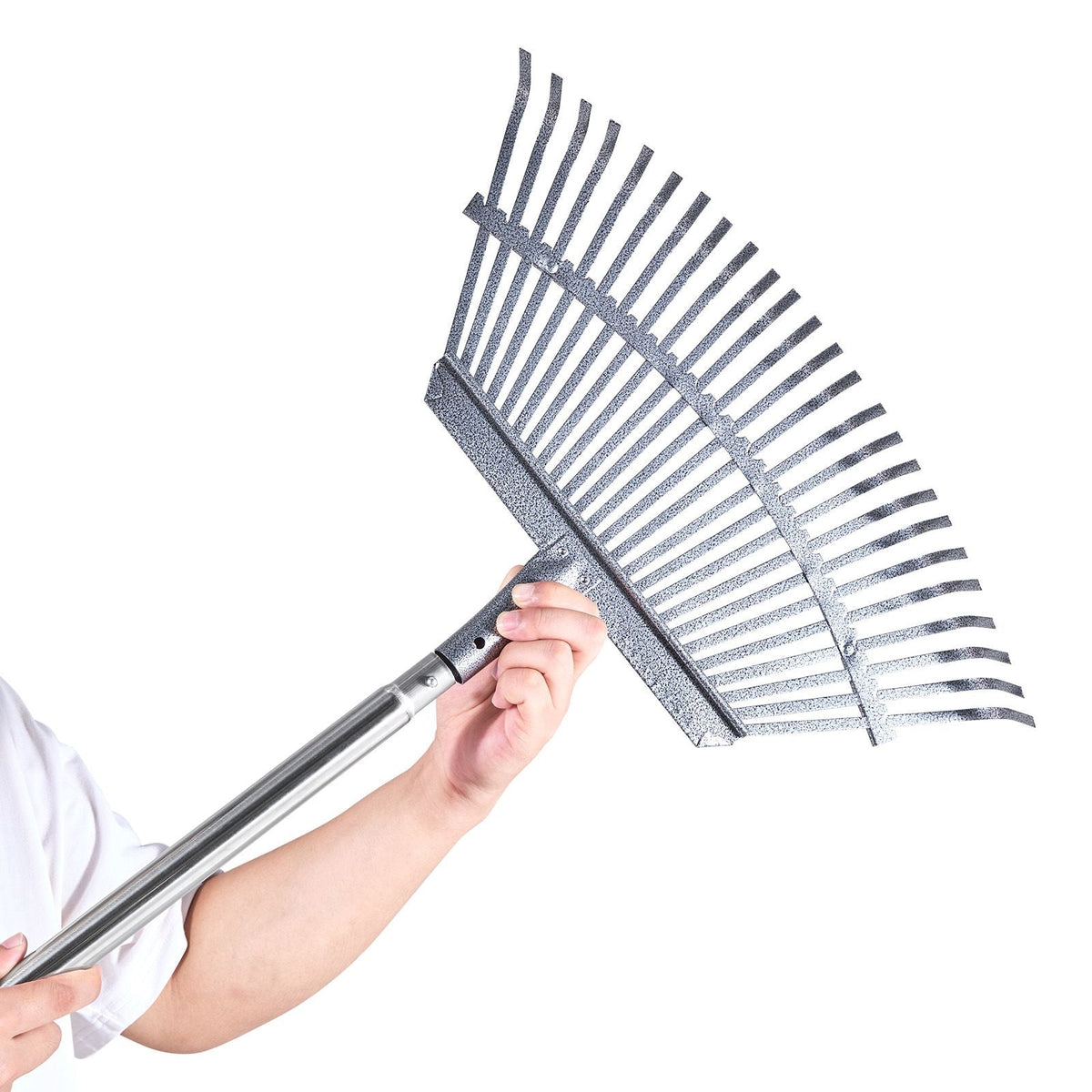 Leaf Rake, 25 Metal Tines, Adjustable Garden Rake for Lawns with 18.3 Inch Wide Head & 36.4-72.8 Inch Long Handle, Heavy Duty Stainless Steel Small Leaves Tool for Gardening Camping Yard Grass