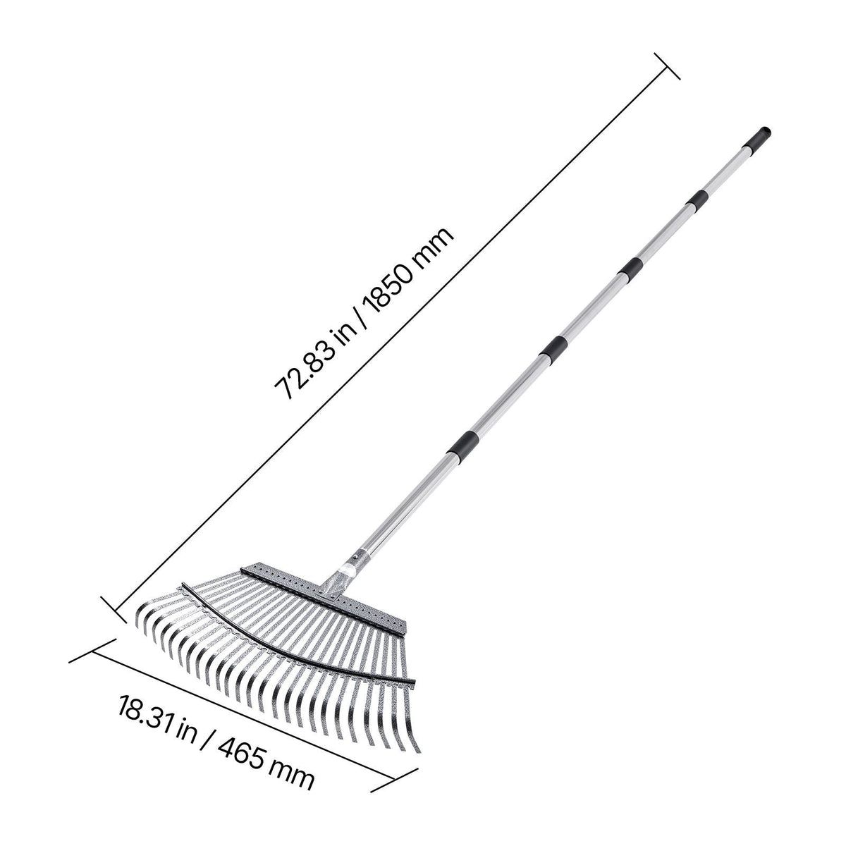 Leaf Rake, 25 Metal Tines, Adjustable Garden Rake for Lawns with 18.3 Inch Wide Head & 36.4-72.8 Inch Long Handle, Heavy Duty Stainless Steel Small Leaves Tool for Gardening Camping Yard Grass