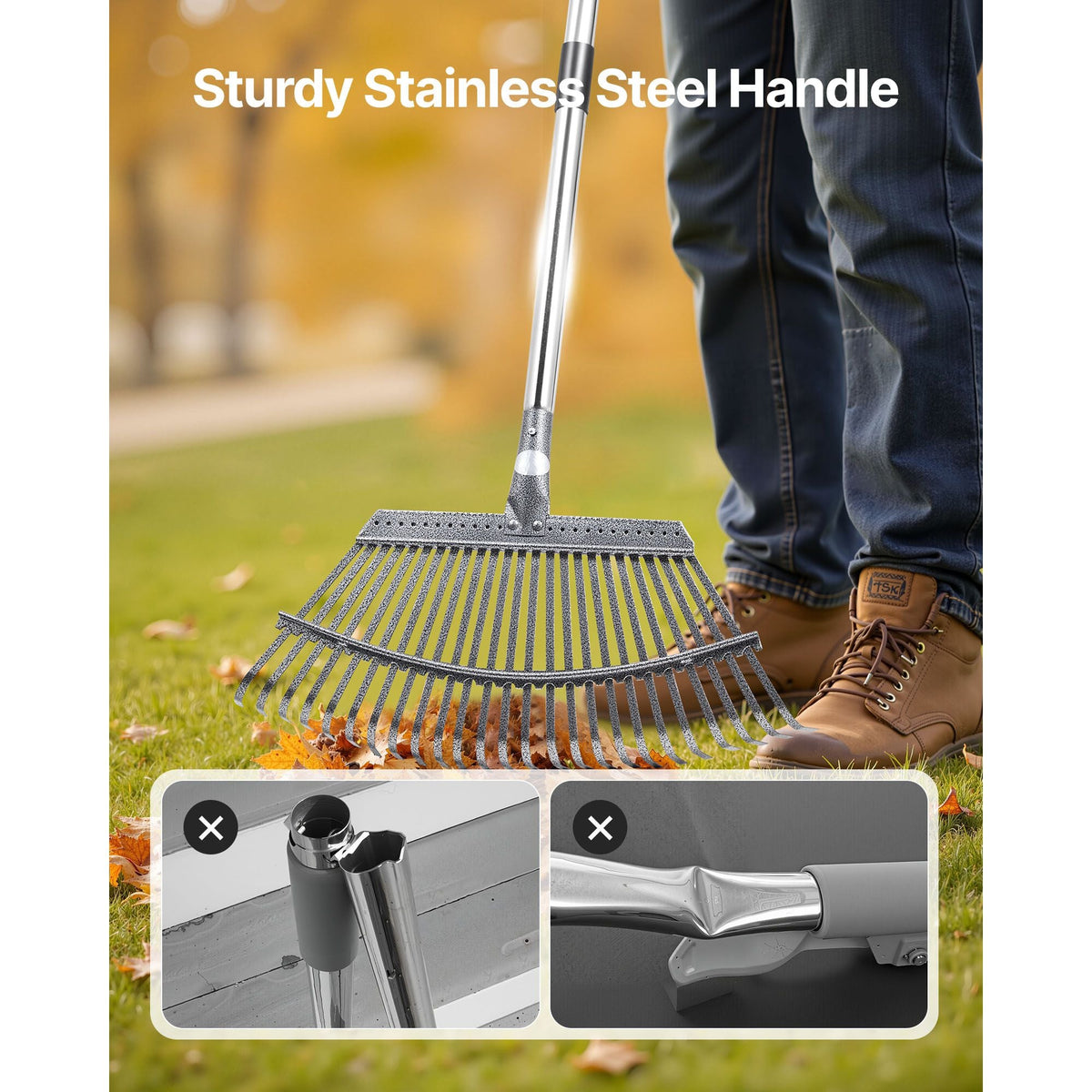 Leaf Rake, 25 Metal Tines, Adjustable Garden Rake for Lawns with 18.3 Inch Wide Head & 36.4-72.8 Inch Long Handle, Heavy Duty Stainless Steel Small Leaves Tool for Gardening Camping Yard Grass