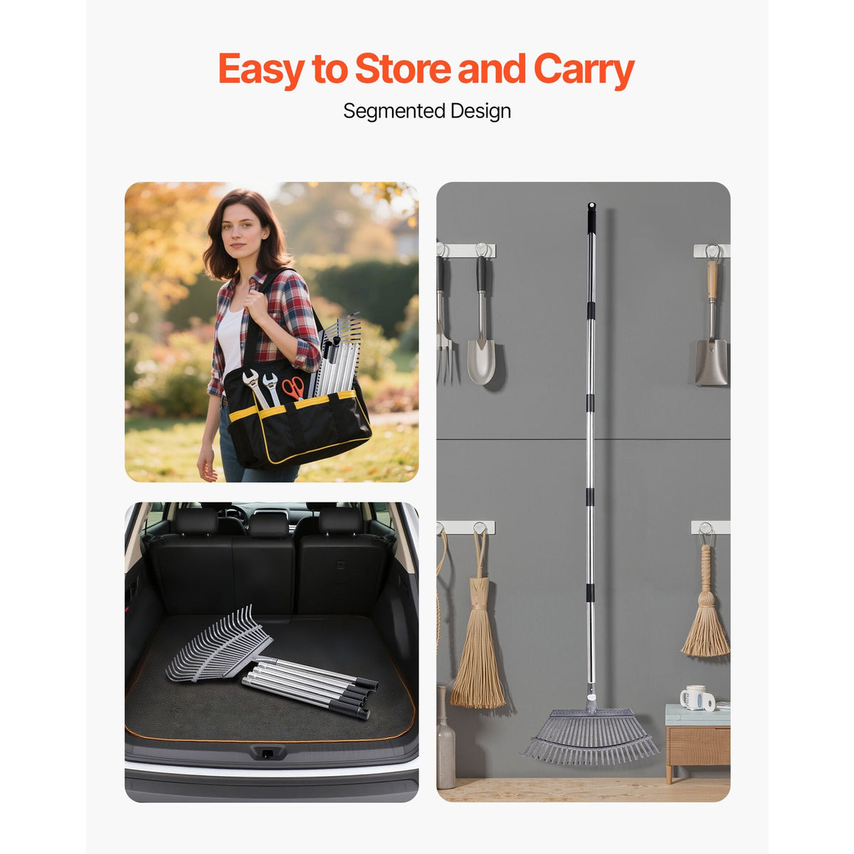 Leaf Rake, 25 Metal Tines, Adjustable Garden Rake for Lawns with 18.3 Inch Wide Head & 36.4-72.8 Inch Long Handle, Heavy Duty Stainless Steel Small Leaves Tool for Gardening Camping Yard Grass