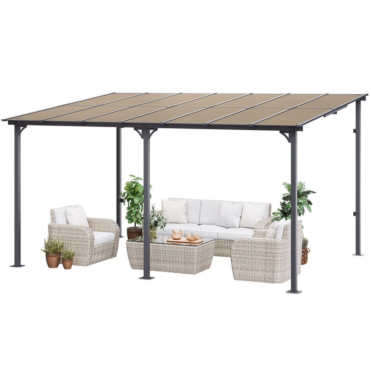 Lean to Gazebo for Patio, 10' x 14' Hard Top Gazebo with Aluminum Frame, Wall Mounted & Freestanding Pergola, UV Resistant Polycarbonate Roof, Outdoor Patio Awnings for Deck, Garden and Backyard