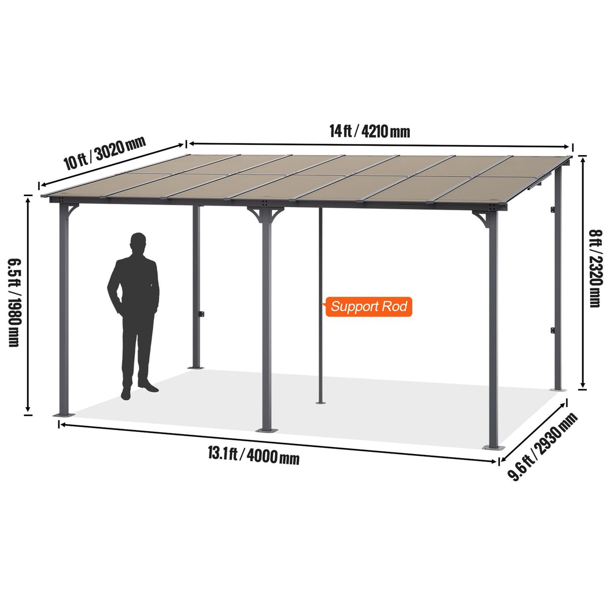 Lean to Gazebo for Patio, 10' x 14' Hard Top Gazebo with Aluminum Frame, Wall Mounted & Freestanding Pergola, UV Resistant Polycarbonate Roof, Outdoor Patio Awnings for Deck, Garden and Backyard