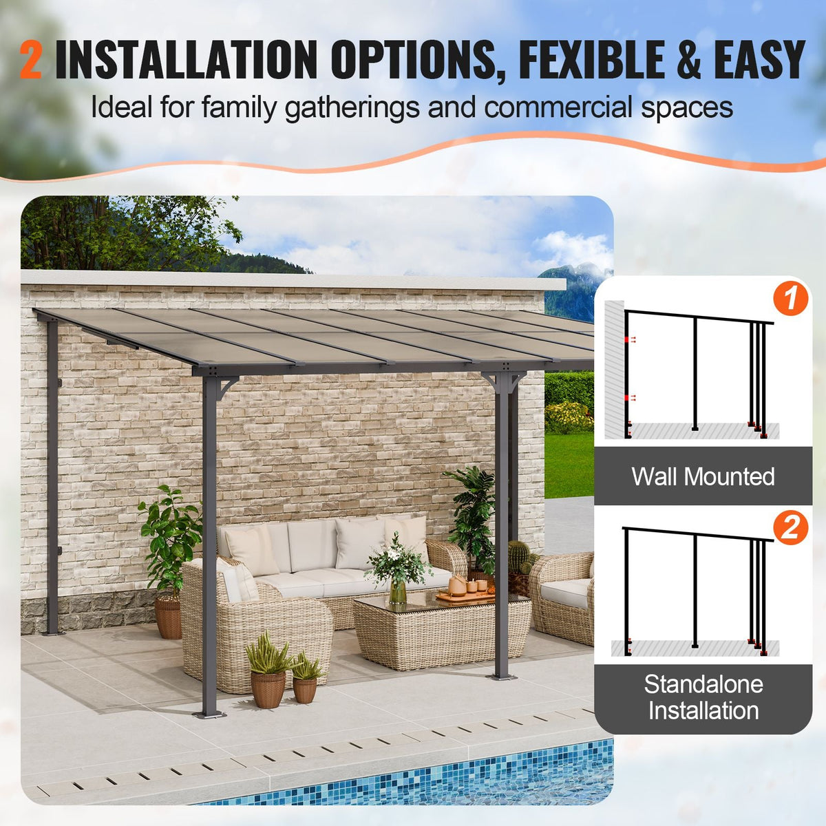 Lean to Gazebo for Patio, 10' x 14' Hard Top Gazebo with Aluminum Frame, Wall Mounted & Freestanding Pergola, UV Resistant Polycarbonate Roof, Outdoor Patio Awnings for Deck, Garden and Backyard