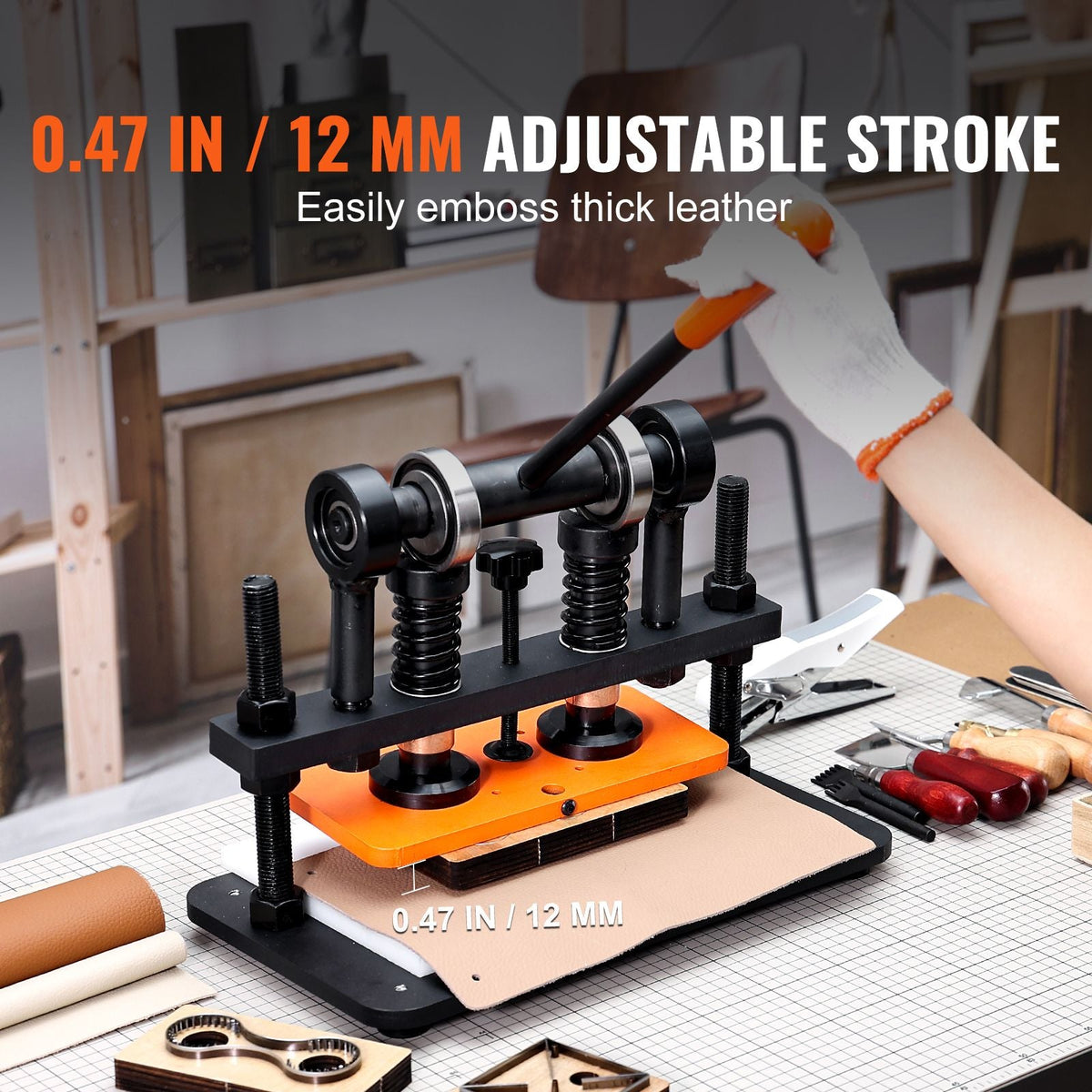 Leather Cutting Machine, 10.2 x 4.7 in Embossing Plate Manual Die Cutter, 0.47 in Pressure Stroke Dual Guide Shafts Die Cut Machine, Leather Embossing Machine for Various of Materials