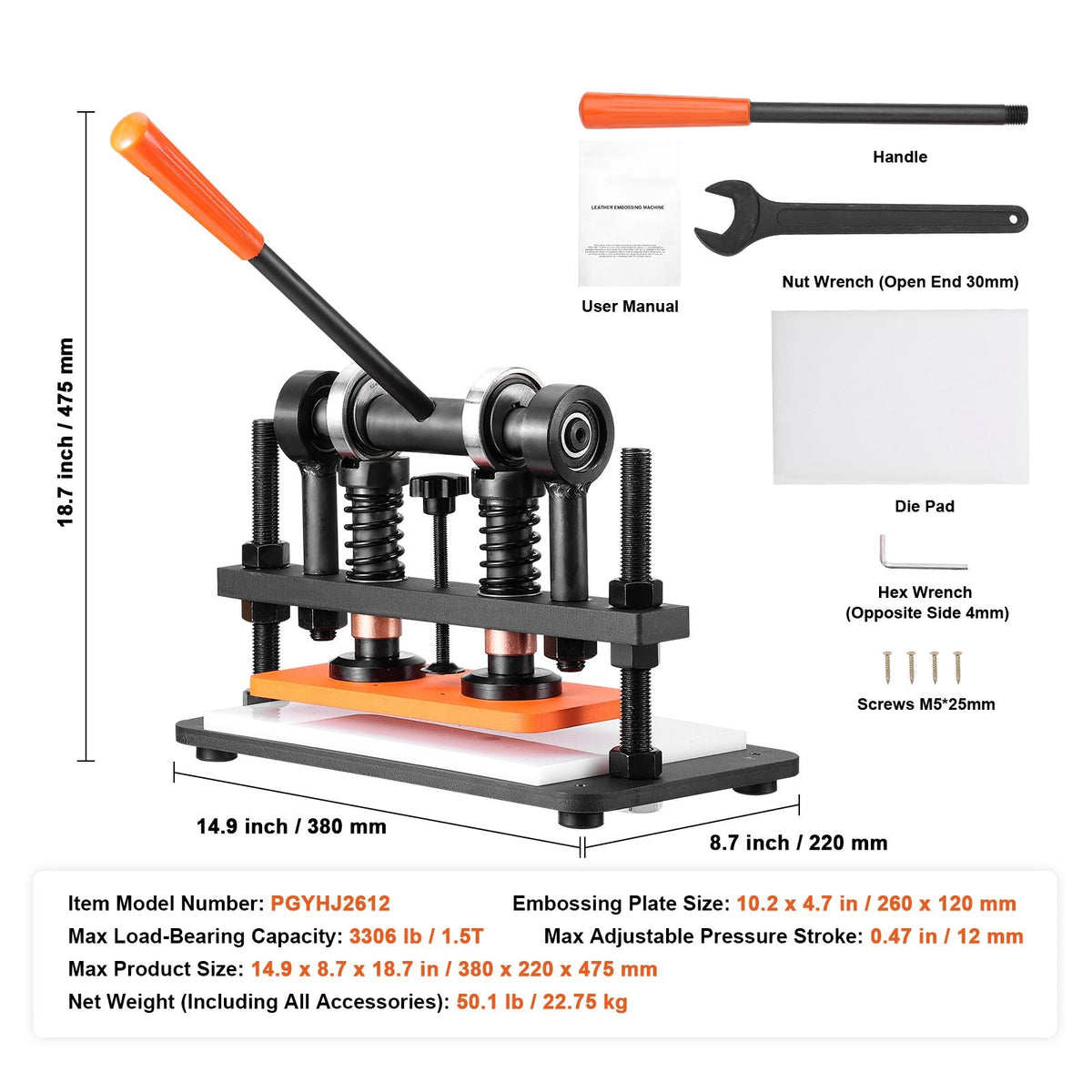 Leather Cutting Machine, 10.2 x 4.7 in Embossing Plate Manual Die Cutter, 0.47 in Pressure Stroke Dual Guide Shafts Die Cut Machine, Leather Embossing Machine for Various of Materials
