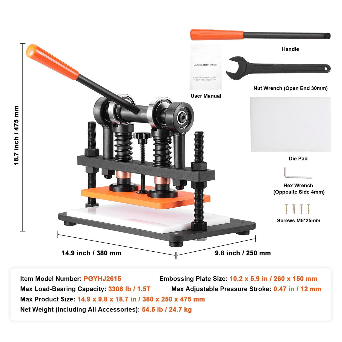 Leather Cutting Machine, 10.2 x 5.9 in Embossing Plate Manual Die Cutter, 0.47 in Pressure Stroke Dual Guide Shafts Die Cut Machine, Leather Embossing Machine for Various of Materials
