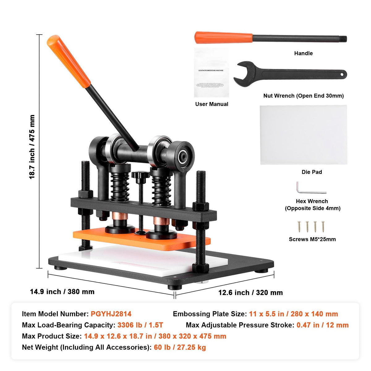Leather Cutting Machine, 11 x 5.5 in Embossing Plate Manual Die Cutter, 0.47 in Pressure Stroke Dual Guide Shafts Die Cut Machine, Leather Embossing Machine for Various of Materials