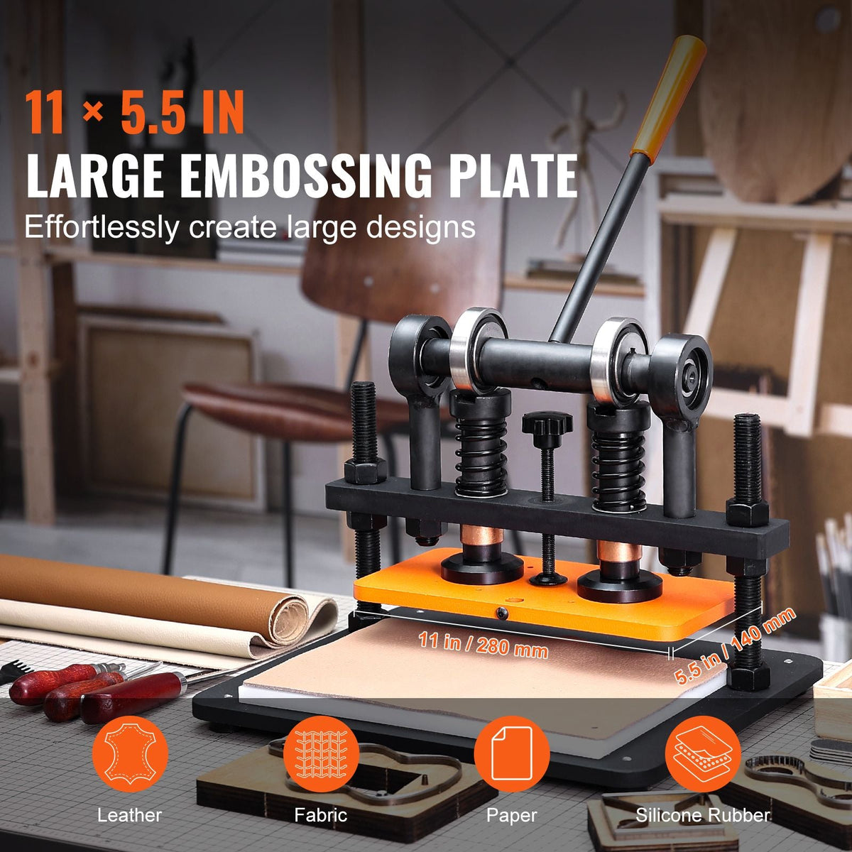 Leather Cutting Machine, 11 x 5.5 in Embossing Plate Manual Die Cutter, 0.47 in Pressure Stroke Dual Guide Shafts Die Cut Machine, Leather Embossing Machine for Various of Materials