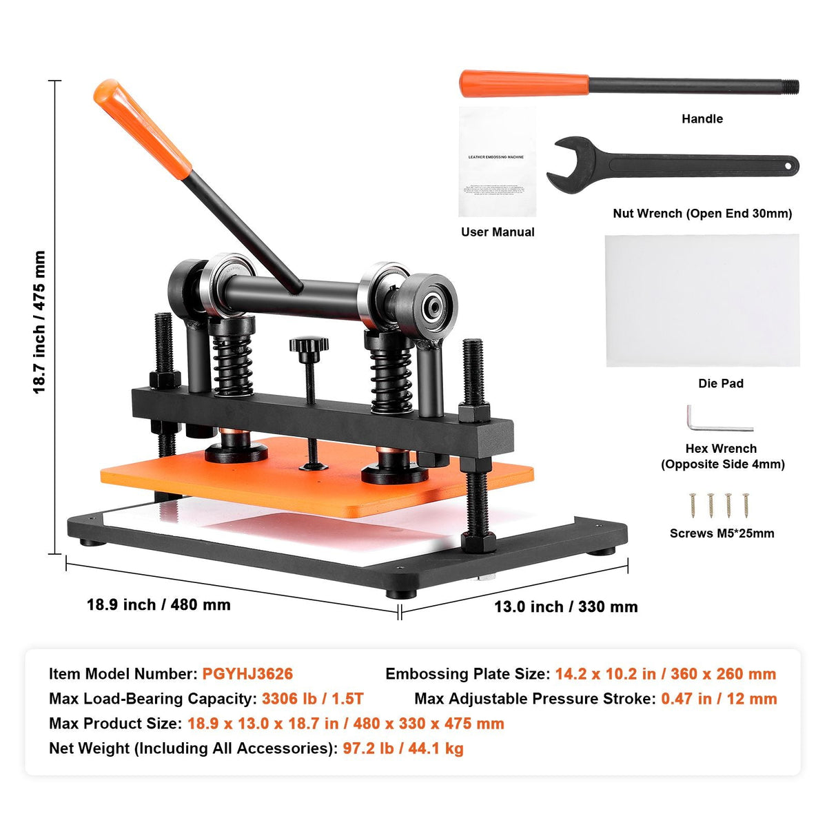 Leather Cutting Machine, 14.2 x 10.2 in Embossing Plate Manual Die Cutter, 0.47 in Pressure Stroke Dual Guide Shafts Die Cut Machine, Leather Embossing Machine for Various of Materials