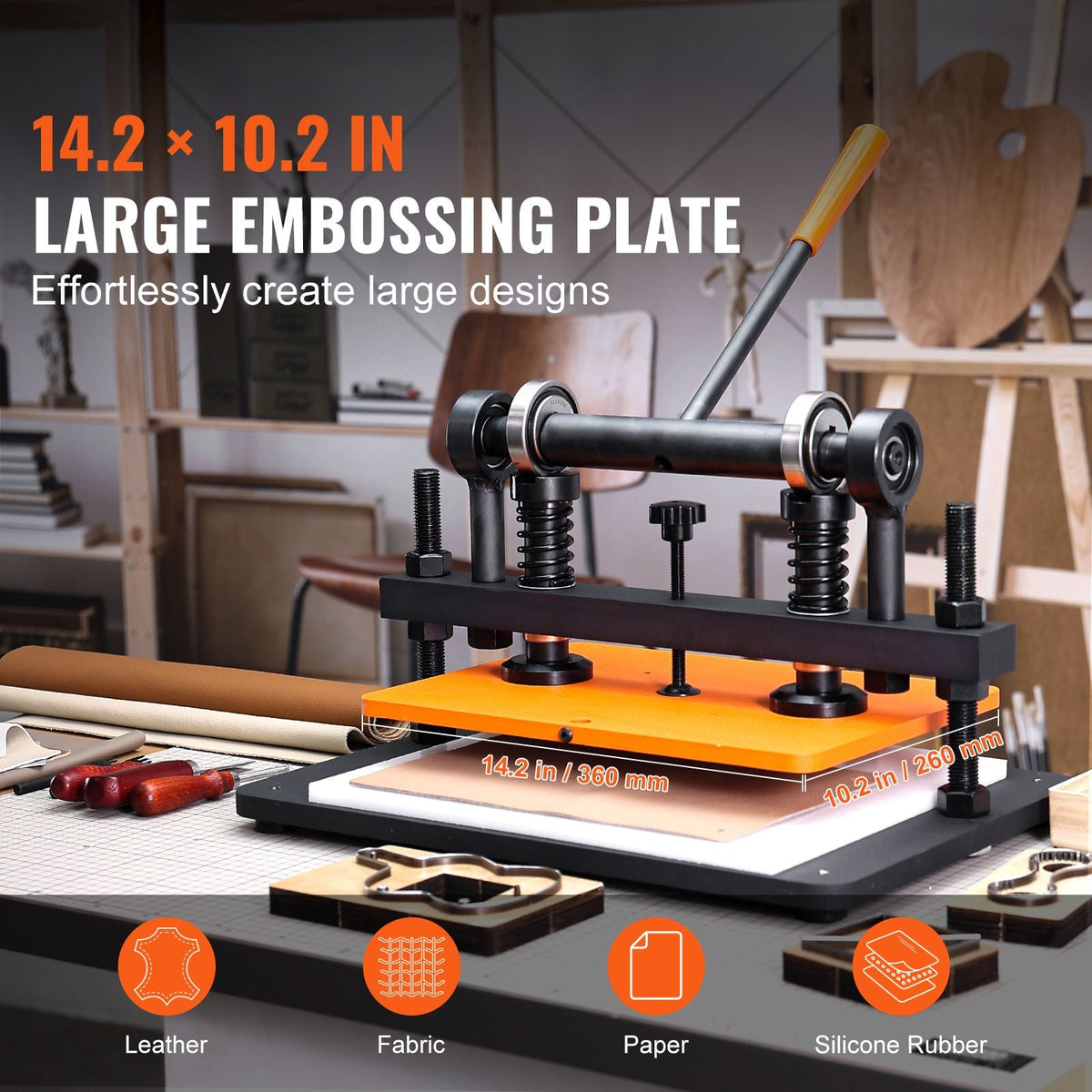 Leather Cutting Machine, 14.2 x 10.2 in Embossing Plate Manual Die Cutter, 0.47 in Pressure Stroke Dual Guide Shafts Die Cut Machine, Leather Embossing Machine for Various of Materials