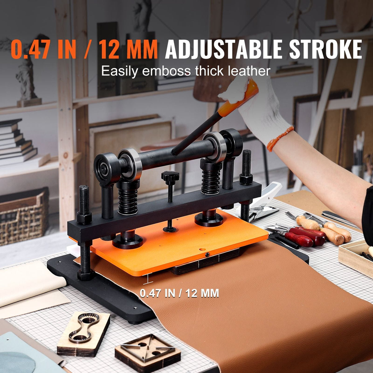 Leather Cutting Machine, 14.2 x 10.2 in Embossing Plate Manual Die Cutter, 0.47 in Pressure Stroke Dual Guide Shafts Die Cut Machine, Leather Embossing Machine for Various of Materials