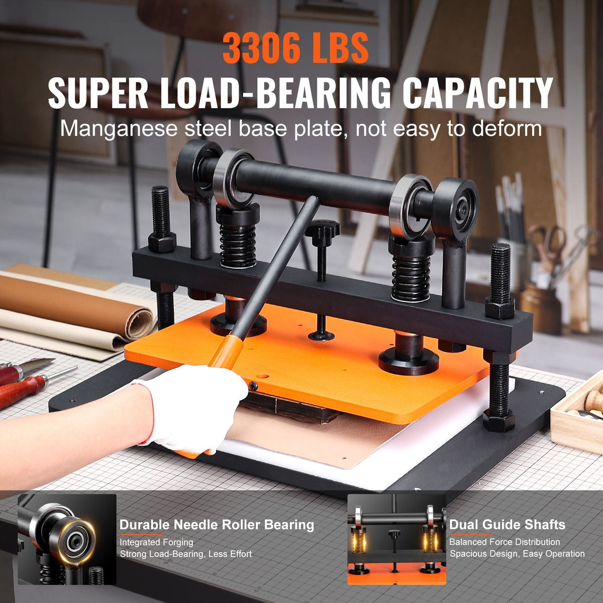 Leather Cutting Machine, 14.2 x 10.2 in Embossing Plate Manual Die Cutter, 0.47 in Pressure Stroke Dual Guide Shafts Die Cut Machine, Leather Embossing Machine for Various of Materials
