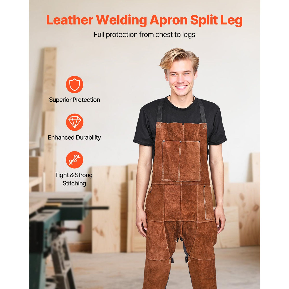 Leather Welding Apron Split Leg, Heavy Duty Cowhide Flame Resistant Welding Pants for Men Women, Heat-Resistant Safety Apron with 3 Pockets for Woodworking, Gardening, Blacksmithing, M-Size