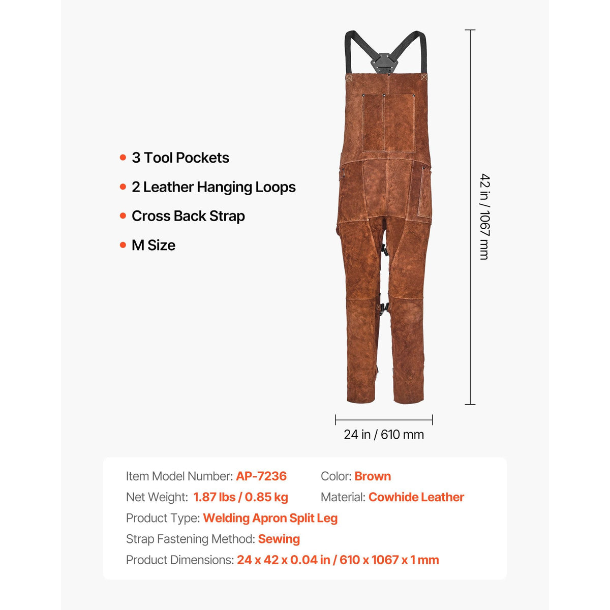 Leather Welding Apron Split Leg, Heavy Duty Cowhide Flame Resistant Welding Pants for Men Women, Heat-Resistant Safety Apron with 3 Pockets for Woodworking, Gardening, Blacksmithing, M-Size