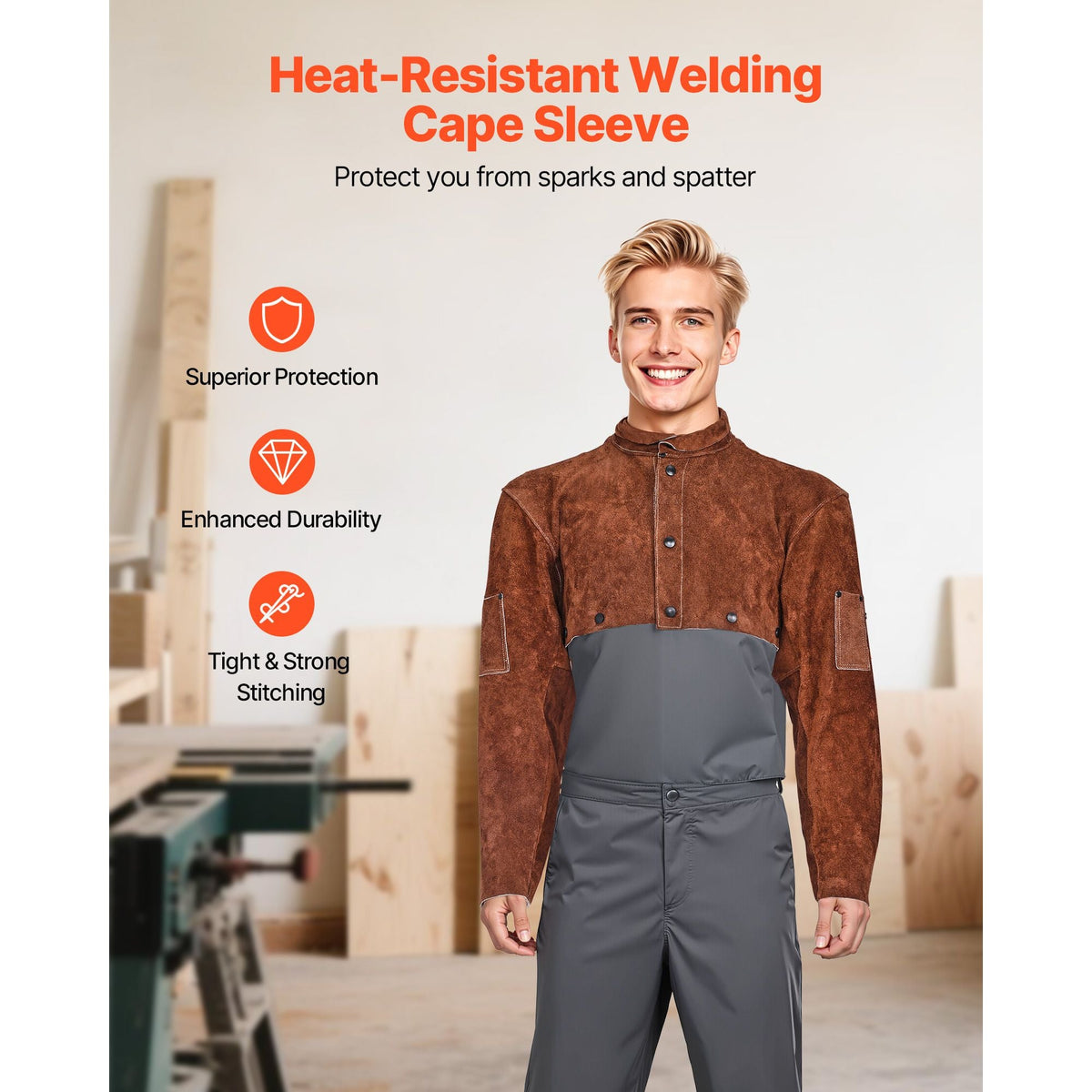 Leather Welding Cape Sleeve, Heavy Duty Flame Resistant Cowhide Safety Cape Sleeves for Men Women, Heat-Resistant for Welding, Blacksmithing, Woodworking, Gardening, M-Size