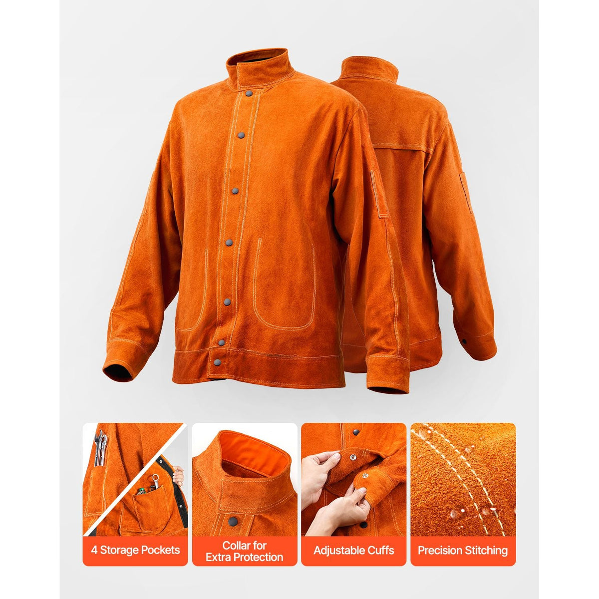 Leather Welding Jacket, Heavy Duty Cowhide Flame Resistant Welding Coat, Waterproof Heat-Resistant Safety Jacket with 4 Pockets & Adjustable Cuffs for Welders Steelworks - L Size