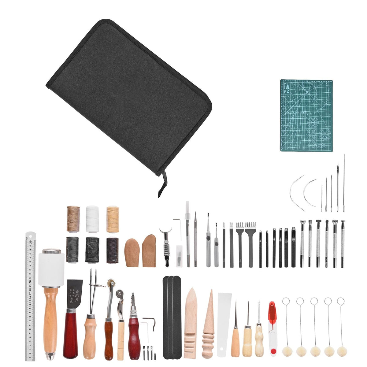 Leather Working Tools Kit, 59 PCS Leather Craft Tools with Portable Canvas Storage Bag, Engraving Punching Sewing Stamping Sanding Tools, Ideal for Beginners DIY Enthusiasts and Professionals