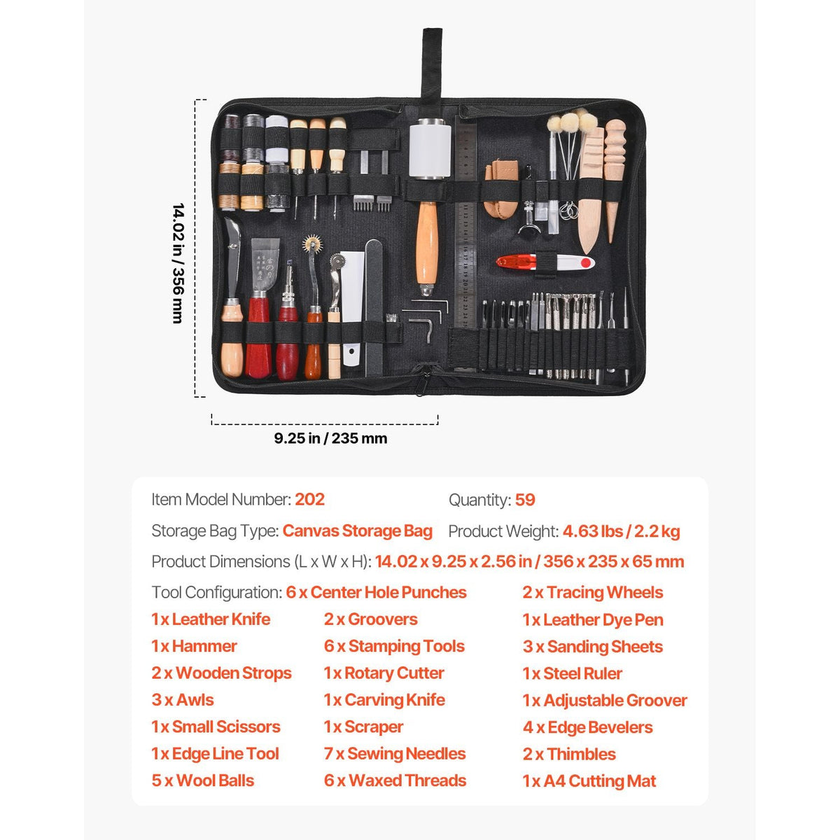 Leather Working Tools Kit, 59 PCS Leather Craft Tools with Portable Canvas Storage Bag, Engraving Punching Sewing Stamping Sanding Tools, Ideal for Beginners DIY Enthusiasts and Professionals