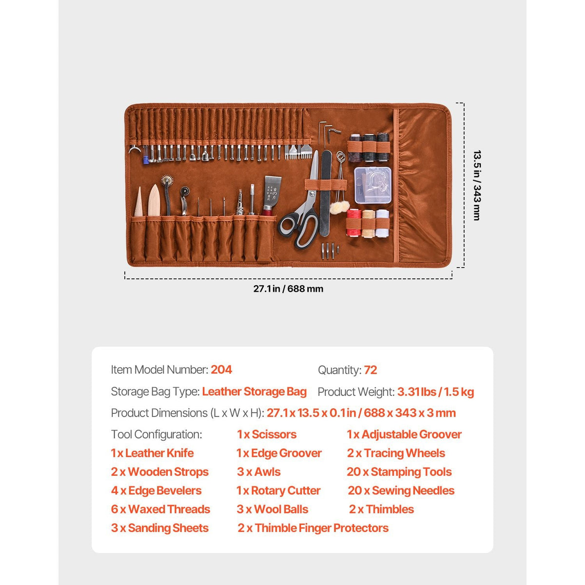 Leather Working Tools Kit, 72 PCS Leather Craft Tools with Portable Leather Storage Bag, Engraving Punching Sewing Stamping Sanding Tools, Ideal for Beginners DIY Enthusiasts and Professionals