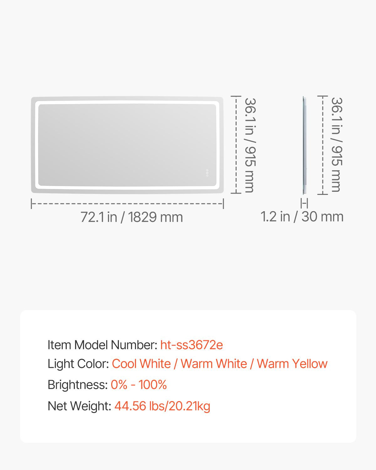 LED Bathroom Mirror, 36" x 72" LED Bathroom Vanity Mirror with Frontlit and Backlit, Anti-Fog Memory Mirror with Lights, Stepless 3 Colors Temperature Dimmable Bathroom Mirror, Wall Mounted