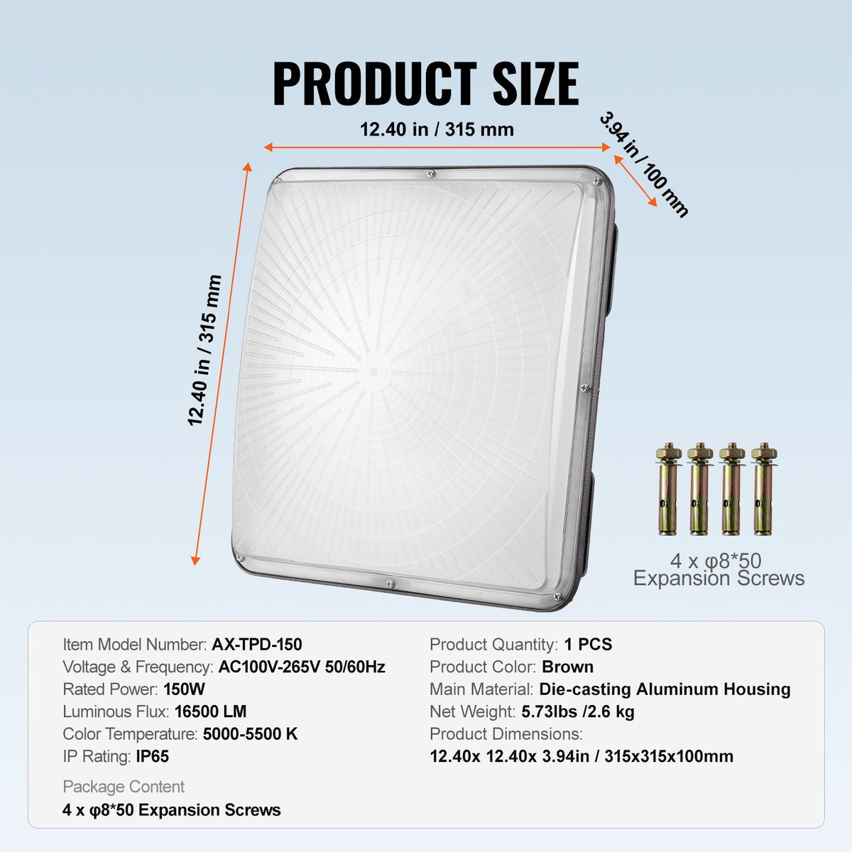 LED Canopy Light, 150W, 16500LM 5000K Daylight Commercial Industrial Outdoor Canopy Light, 12.4" x 12.4" Surface Mount Ceiling Lighting for Gas Station Warehouse Garage Street Shop Hotel, IP65