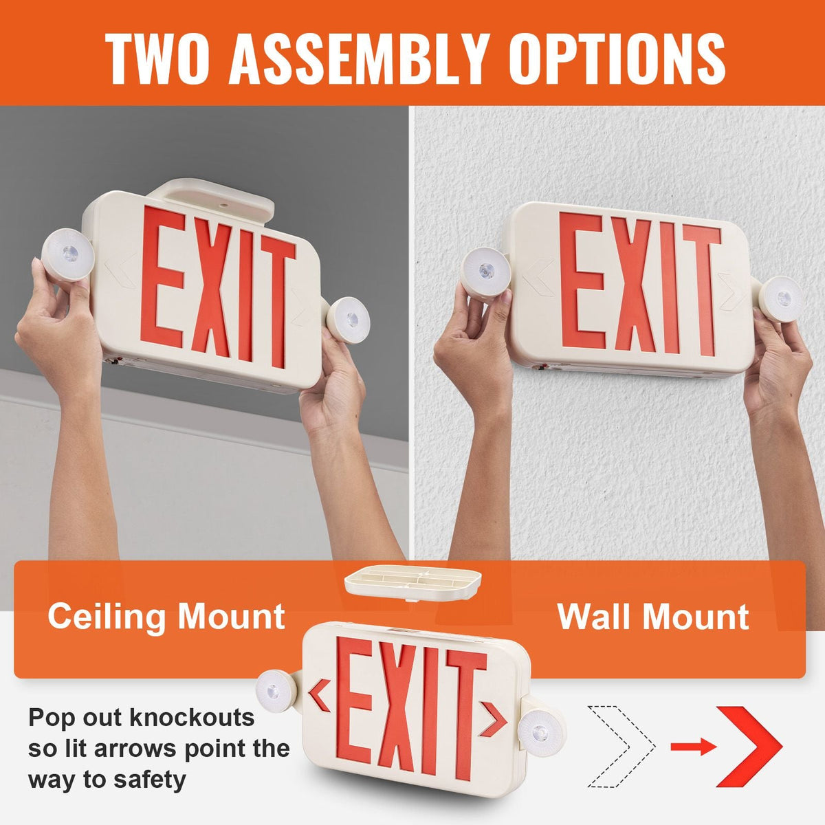 LED Exit Sign with Emergency Lights, Two LED Adjustable Heads Emergency Exit Light with Battery Backup, Combo Red Letter Fire Exit Lighting, Commercial Exit Signs