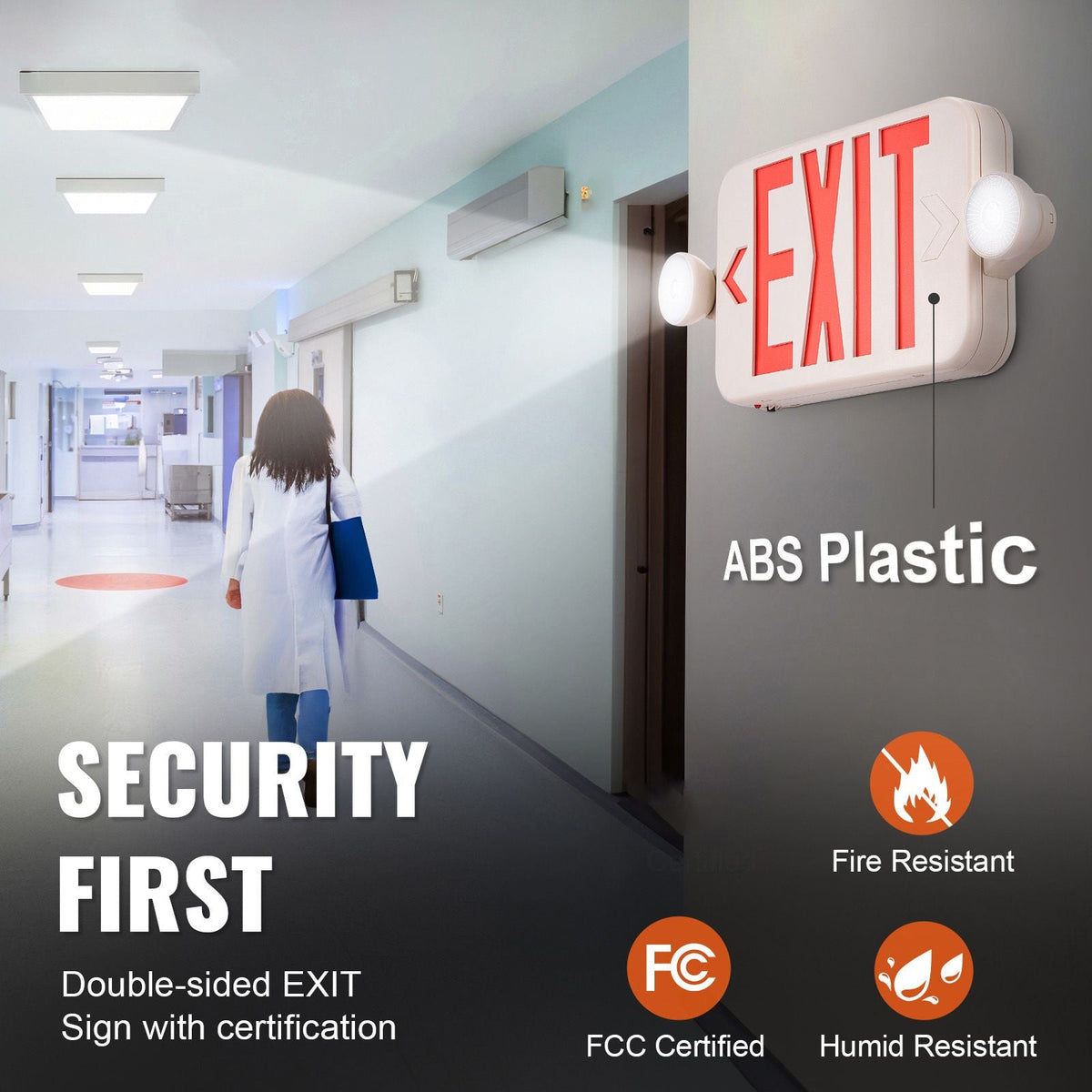 LED Exit Sign with Emergency Lights, Two LED Adjustable Heads Emergency Exit Light with Battery Backup, Combo Red Letter Fire Exit Lighting, Commercial Exit Signs