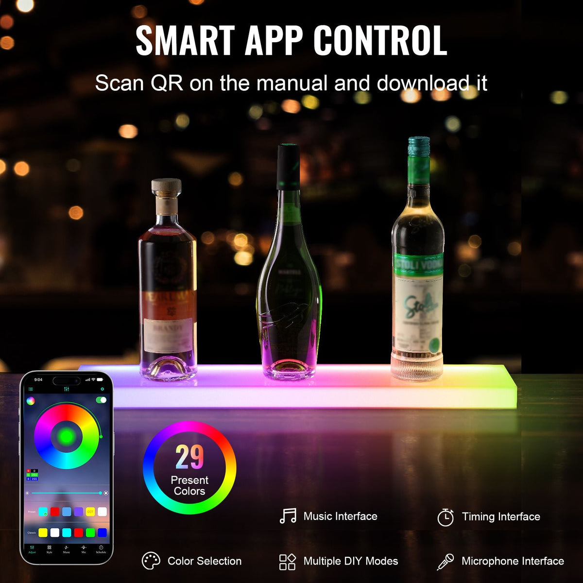 LED Lighted Liquor Bottle Display, 1 Tier 24 Inch Wall Mounted Whiskey Rack Stand, 1 Step Commercial Illuminated Home Bar Shelf, Acrylic Drinks lighting Shelves with RF Remote & App Control