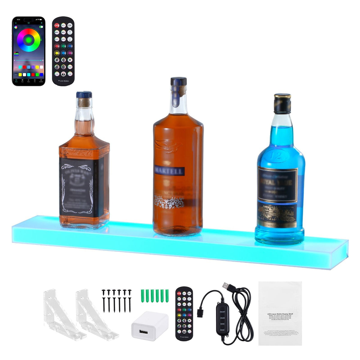 LED Lighted Liquor Bottle Display, 1 Tier 24 Inch Wall Mounted Whiskey Rack Stand, 1 Step Commercial Illuminated Home Bar Shelf, Acrylic Drinks lighting Shelves with RF Remote & App Control
