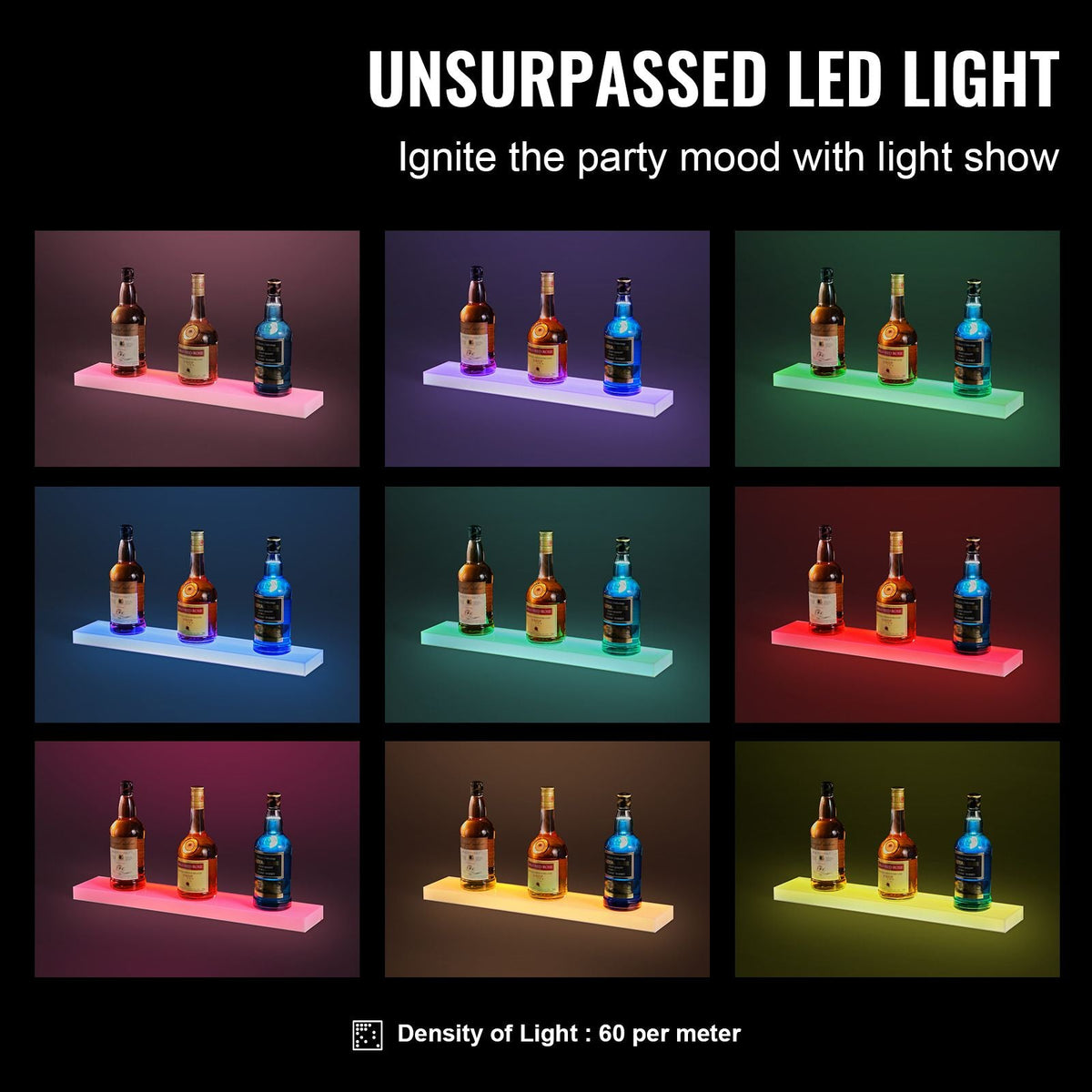 LED Lighted Liquor Bottle Display, 1 Tier 24 Inch Wall Mounted Whiskey Rack Stand, 1 Step Commercial Illuminated Home Bar Shelf, Acrylic Drinks lighting Shelves with RF Remote & App Control