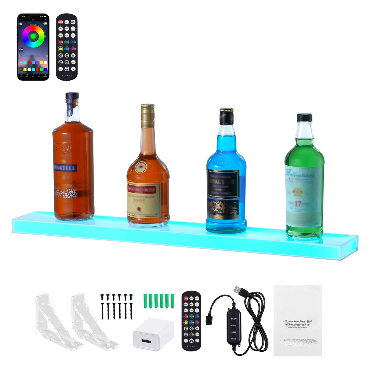 LED Lighted Liquor Bottle Display, 1 Tier 30 Inch Wall Mounted Whiskey Rack Stand, 1 Step Commercial Illuminated Home Bar Shelf, Acrylic Drinks lighting Shelves with RF Remote & App Control