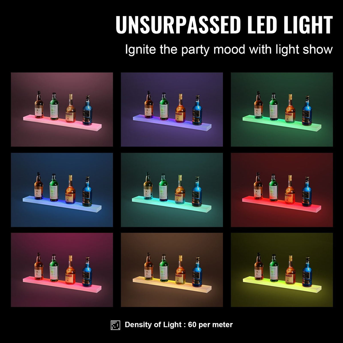 LED Lighted Liquor Bottle Display, 1 Tier 30 Inch Wall Mounted Whiskey Rack Stand, 1 Step Commercial Illuminated Home Bar Shelf, Acrylic Drinks lighting Shelves with RF Remote & App Control
