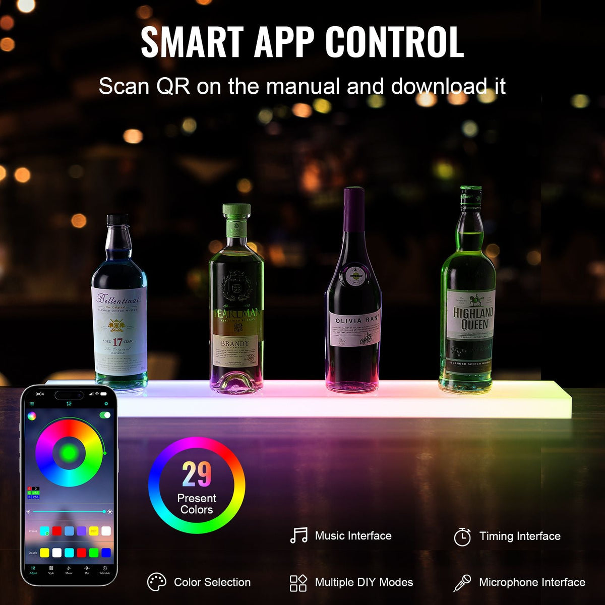LED Lighted Liquor Bottle Display, 1 Tier 30 Inch Wall Mounted Whiskey Rack Stand, 1 Step Commercial Illuminated Home Bar Shelf, Acrylic Drinks lighting Shelves with RF Remote & App Control
