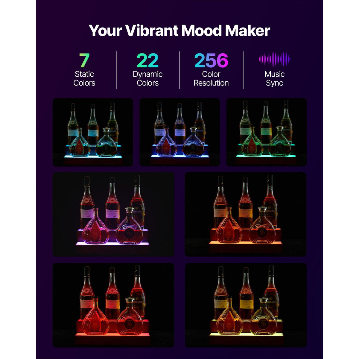 LED Lighted Liquor Bottle Display, 2-Tier 16 Inch Whiskey Rack, Supports USB, Illuminated Home Bar Shelf with RF Remote & App Control, 7 Static Colors, Acrylic+ Wood Lighted Shelf for 8 Bottles