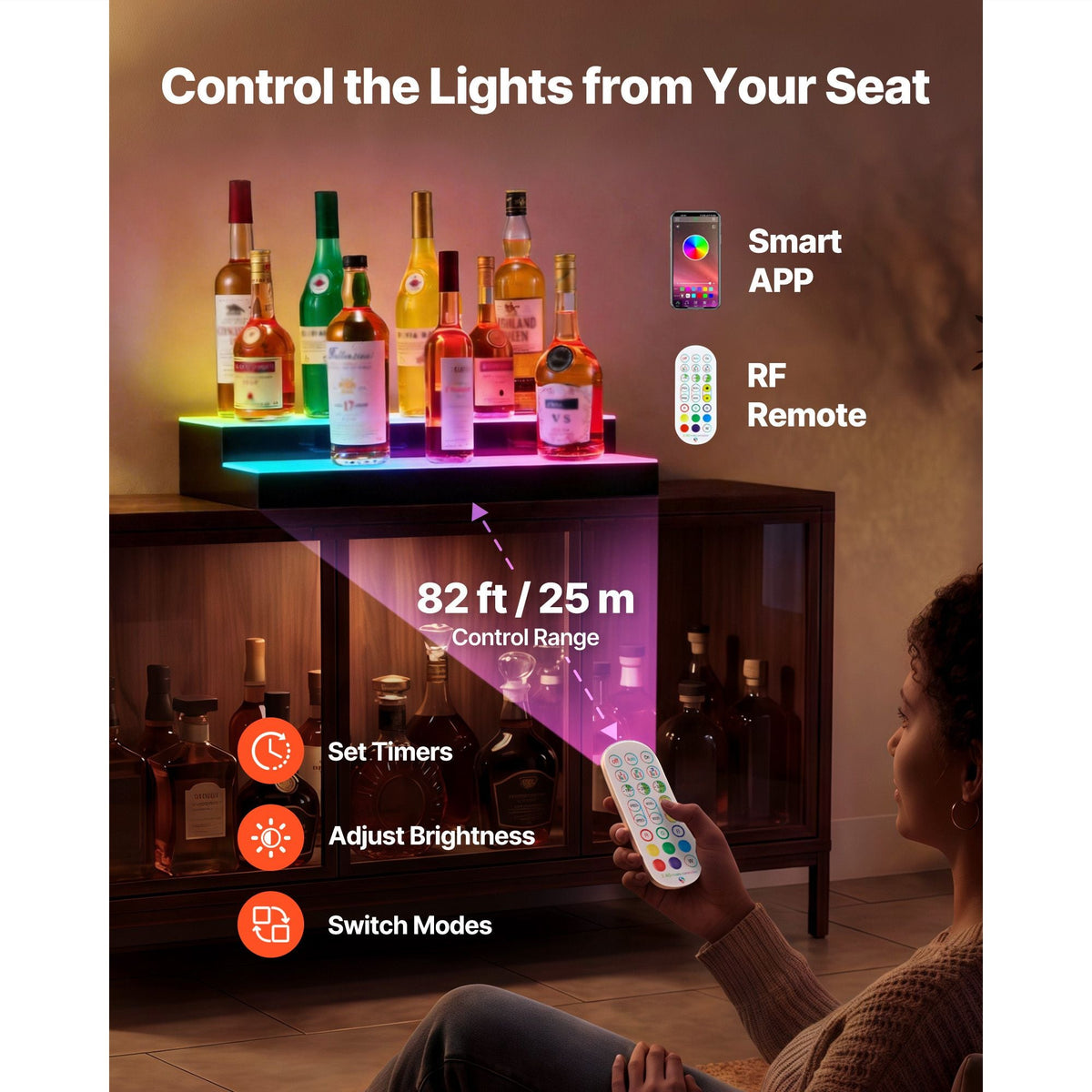 LED Lighted Liquor Bottle Display, 2 Tiers 30 inches, Supports USB, Acrylic Illuminated Home Bar Shelf Display with RF Remote & App Control, 9 Static Colors, Timing Mode, for 14-20 Bottles