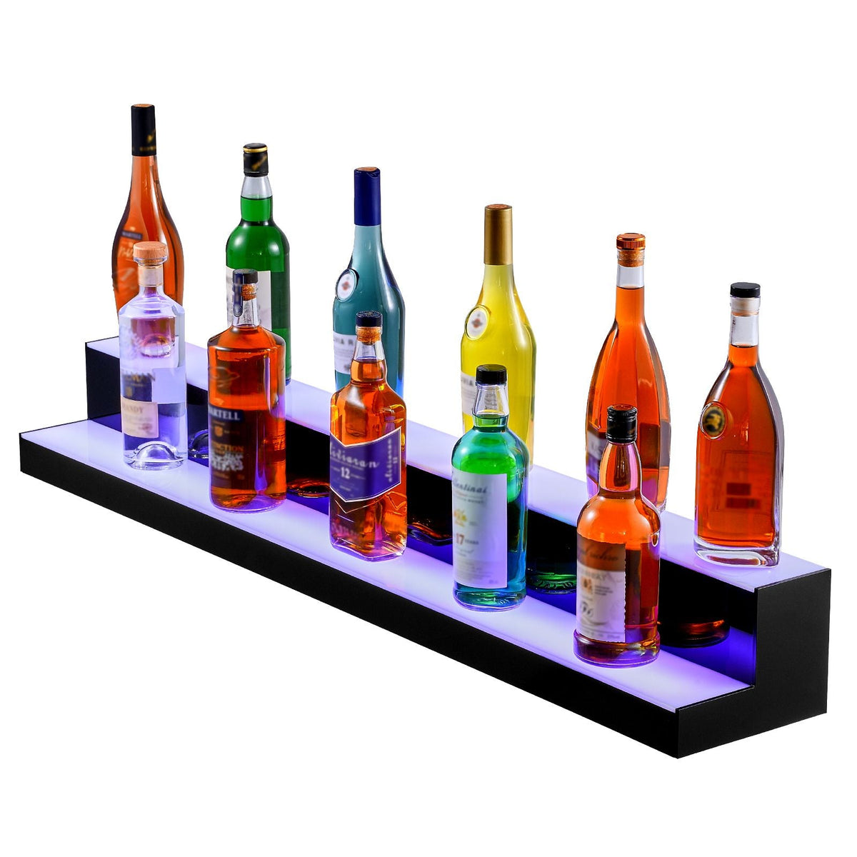 LED Lighted Liquor Bottle Display, 2 Tiers 48 Inch Commercial Illuminated Home Bar Shelf, 2 Steps Whiskey Rack Stand, Acrylic Drink Shelves with RF Remote & App Control, and Multicolor lighting
