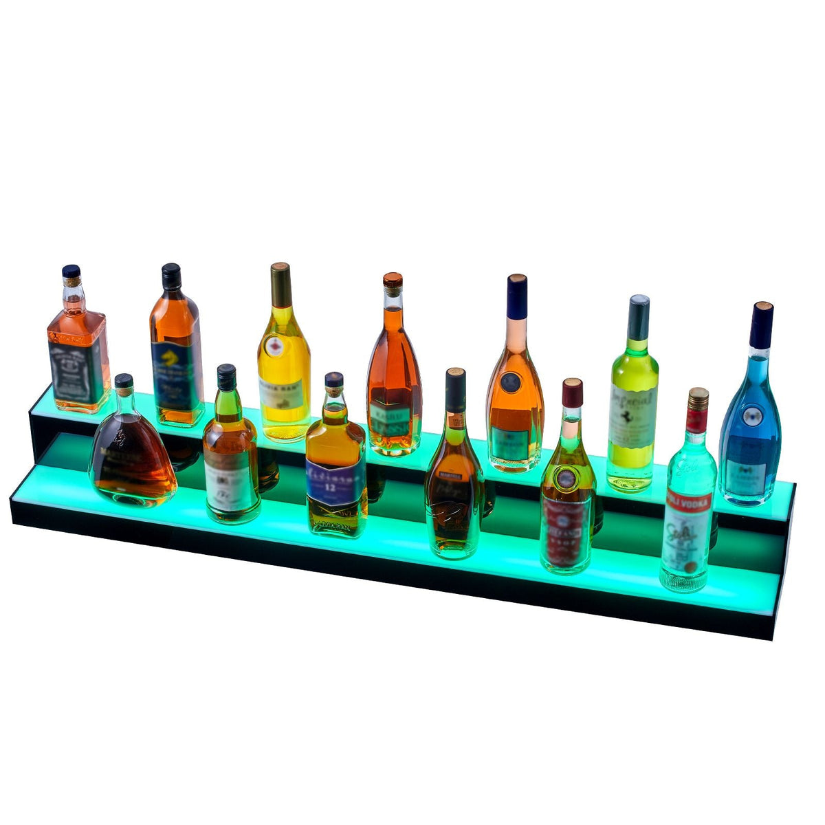 LED Lighted Liquor Bottle Display, 2 Tiers 48 Inch Commercial Illuminated Home Bar Shelf, 2 Steps Whiskey Rack Stand, Acrylic Drink Shelves with RF Remote & App Control, and Multicolor lighting