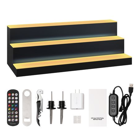 LED Lighted Liquor Bottle Display, 3 Tiers 30 Inch Commercial Illuminated Home Bar Shelf, 3 Steps Whiskey Rack Stand, Acrylic Drink Shelves with RF Remote & App Control, and Multicolor lighting