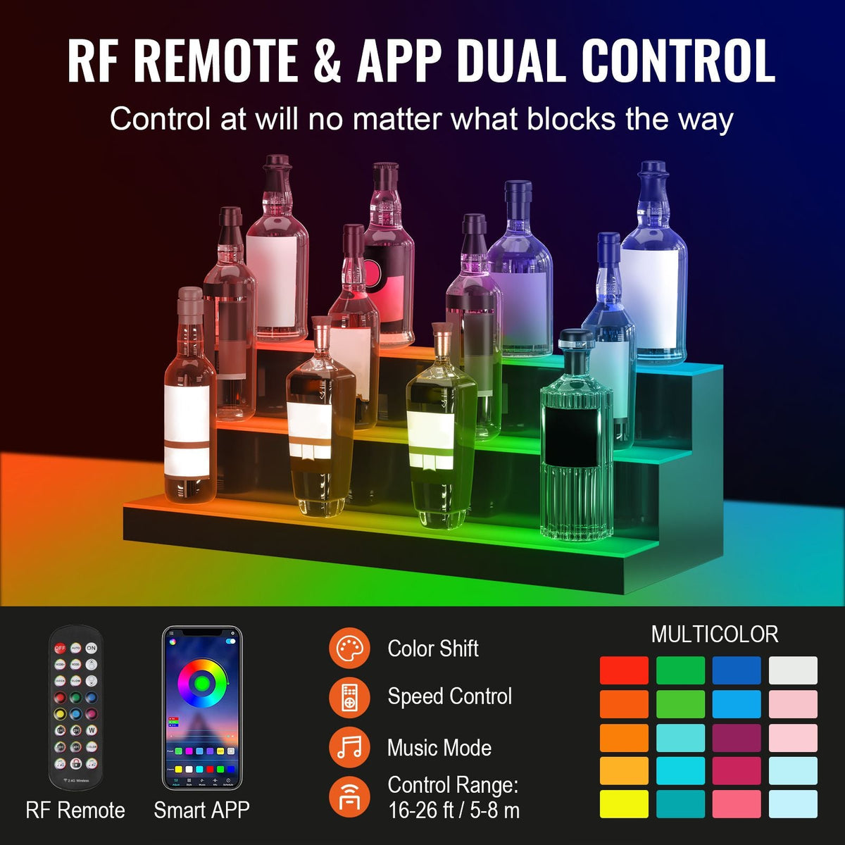 LED Lighted Liquor Bottle Display, 3 Tiers 30 Inch Commercial Illuminated Home Bar Shelf, 3 Steps Whiskey Rack Stand, Acrylic Drink Shelves with RF Remote & App Control, and Multicolor lighting