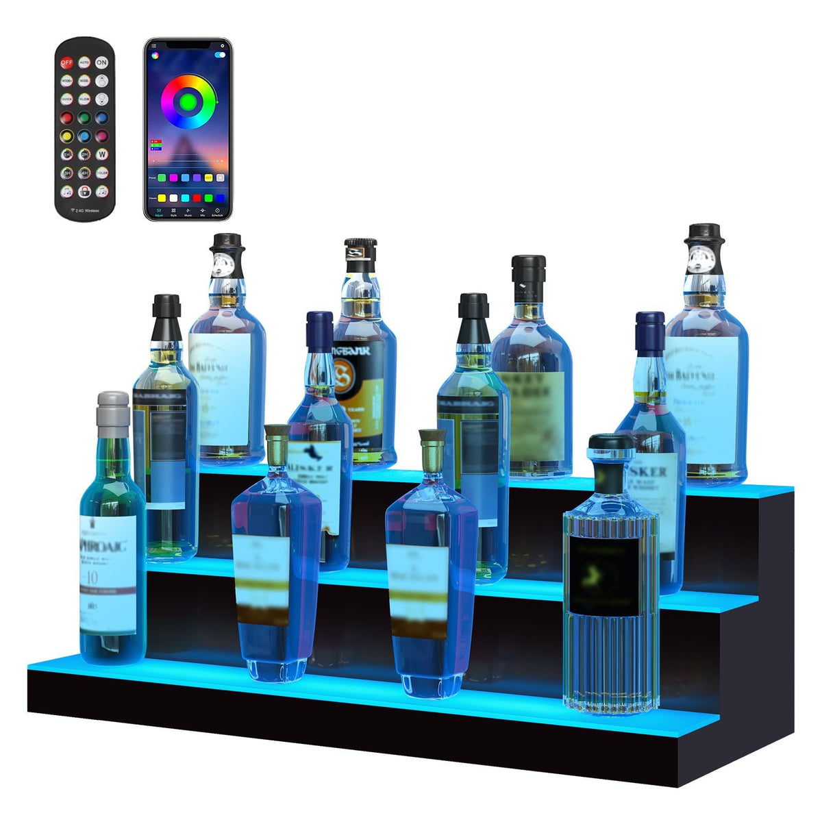 LED Lighted Liquor Bottle Display, 3 Tiers 30 Inch Commercial Illuminated Home Bar Shelf, 3 Steps Whiskey Rack Stand, Acrylic Drink Shelves with RF Remote & App Control, and Multicolor lighting