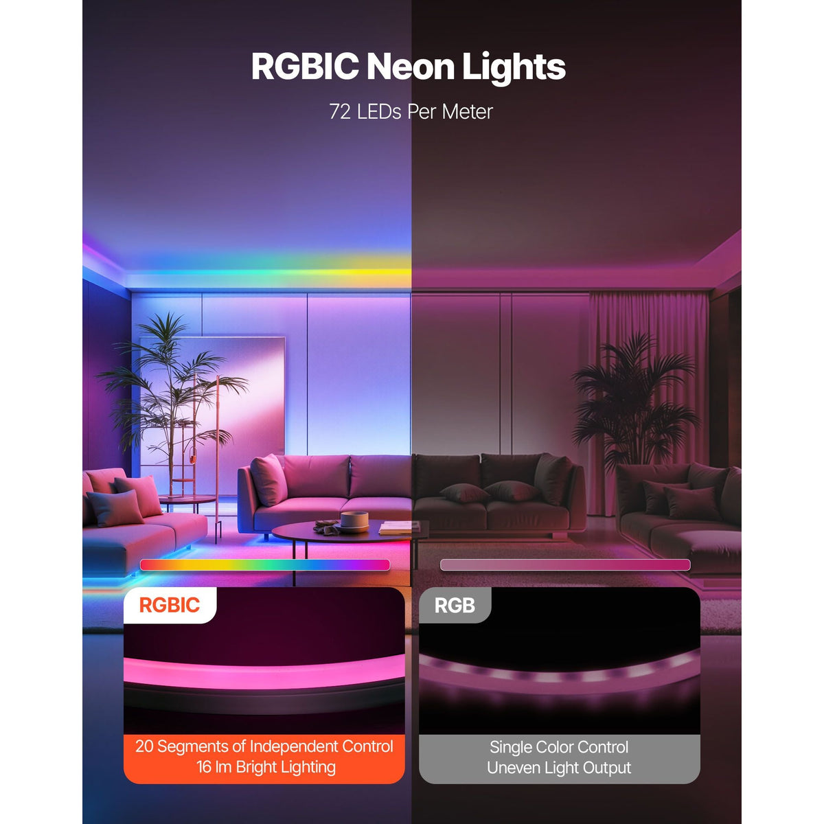 LED Neon Rope Light, 16.4 ft, Flexible RGB-IC LED Strip Light, Control with App/Remote, Works with Alexa & Google Assistant, Music Syncing, Custom DIY Neon Flex Lights, for Bedroom Gaming Indoor