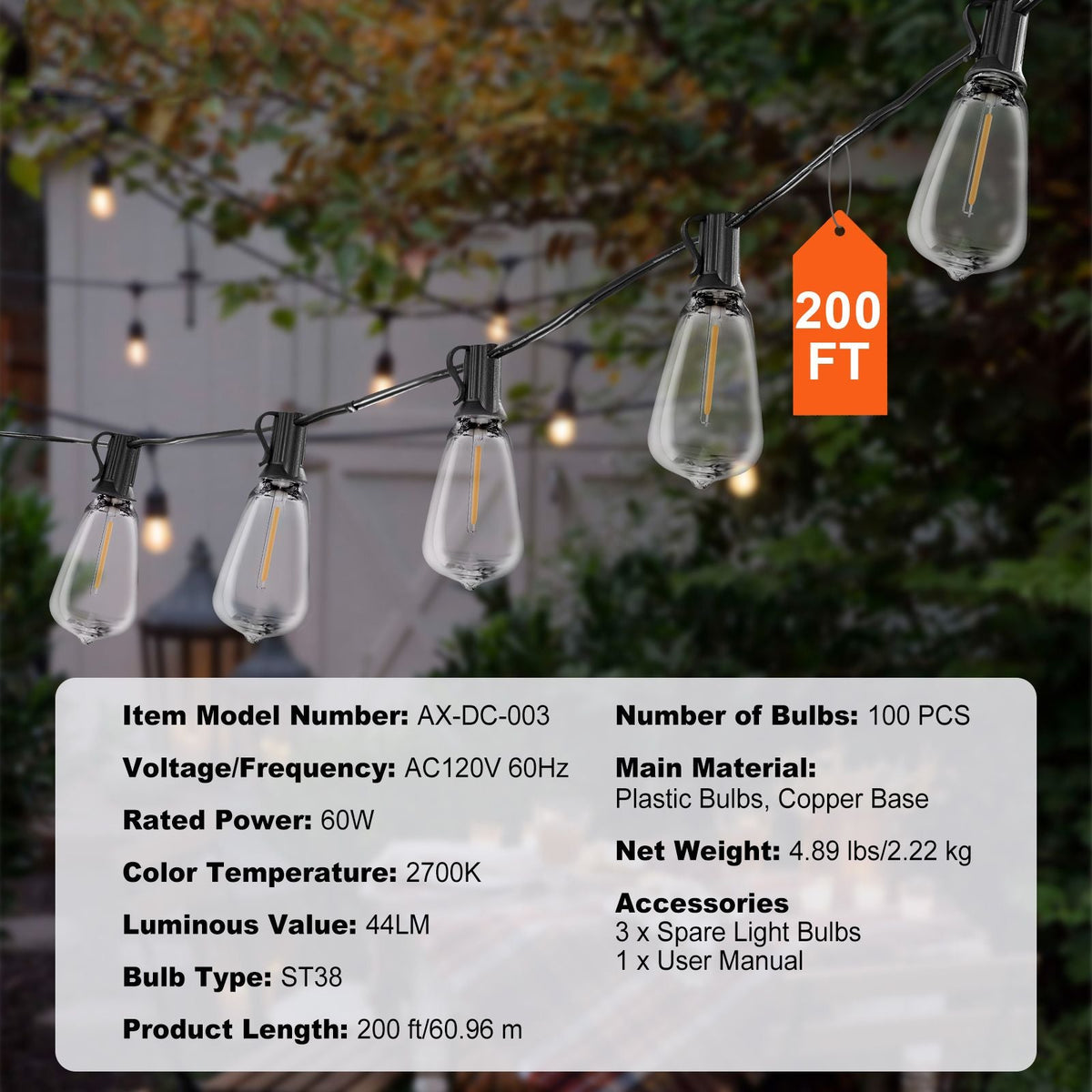 LED Outdoor String Lights, 200FT, 2700K Dimmable Outside Patio Lights with 100 ST38 Shatterproof Bulbs E12 Socket Base, Waterproof Hanging Lights for Porch Backyard Garden Balcony Party Decor