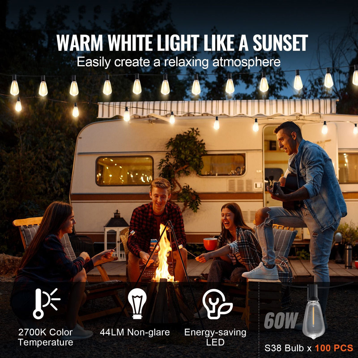 LED Outdoor String Lights, 200FT, 2700K Dimmable Outside Patio Lights with 100 ST38 Shatterproof Bulbs E12 Socket Base, Waterproof Hanging Lights for Porch Backyard Garden Balcony Party Decor