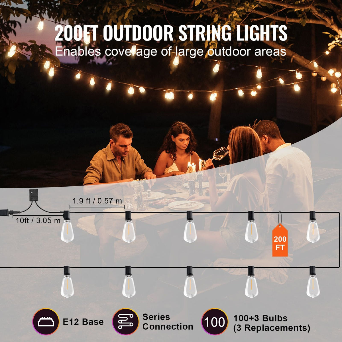LED Outdoor String Lights, 200FT, 2700K Dimmable Outside Patio Lights with 100 ST38 Shatterproof Bulbs E12 Socket Base, Waterproof Hanging Lights for Porch Backyard Garden Balcony Party Decor