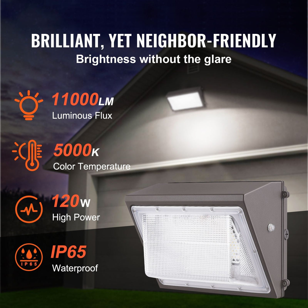 LED Wall Pack Lights, 120W 11000LM, 5000K Commercial Outdoor Lights Security Lighting Fixture, with Intelligent Light Sensing 240 LED beads Energy Saving for Garages Yards, IP65 Waterproof