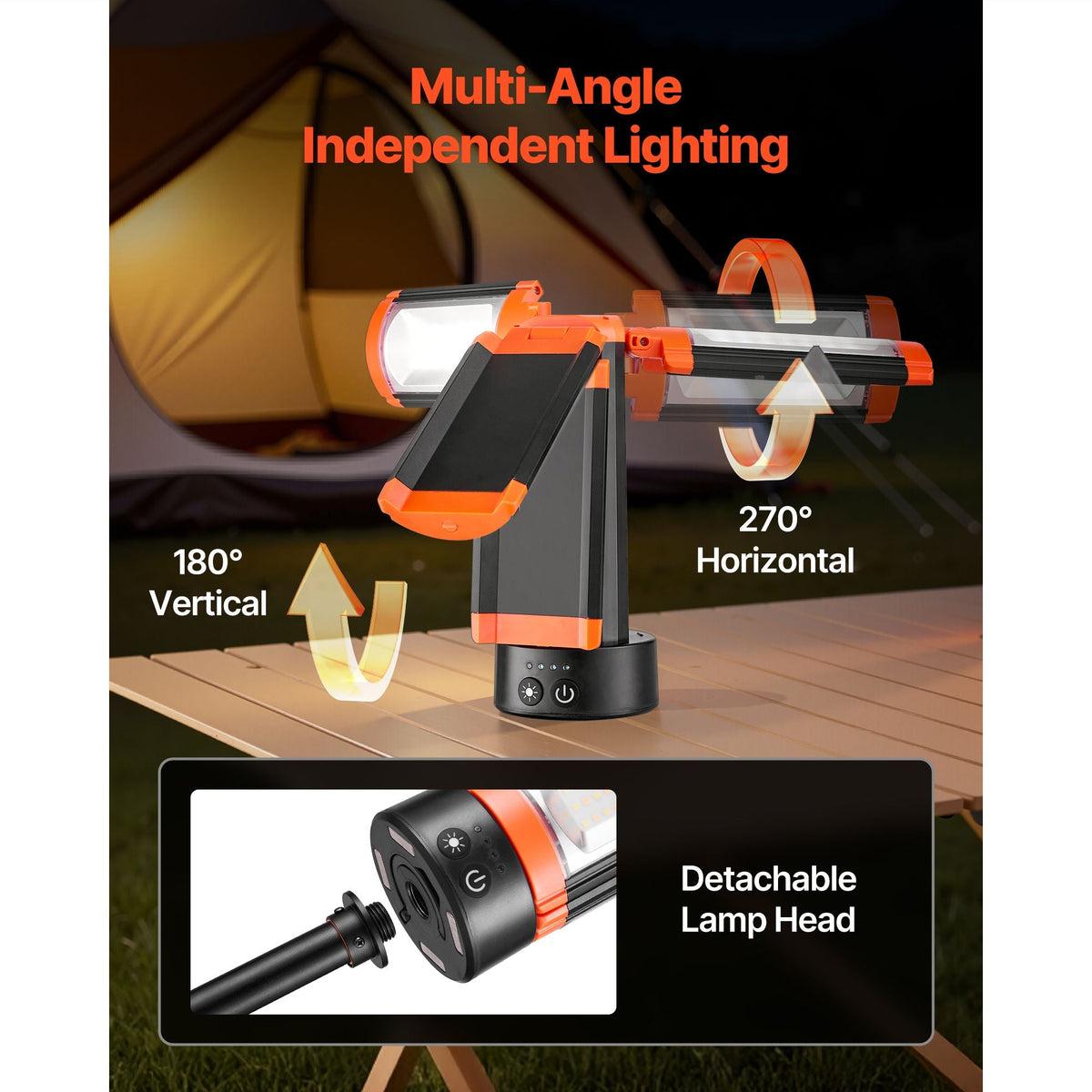 LED Work Light with Stand, 10Ah, Rechargeable Cordless Camping Light, with 3 Lamp Heads, Detachable Tripod Stand, 2200 Lumens 3000K-6500K Dimmable, Portable Construction Lighting for Job Site