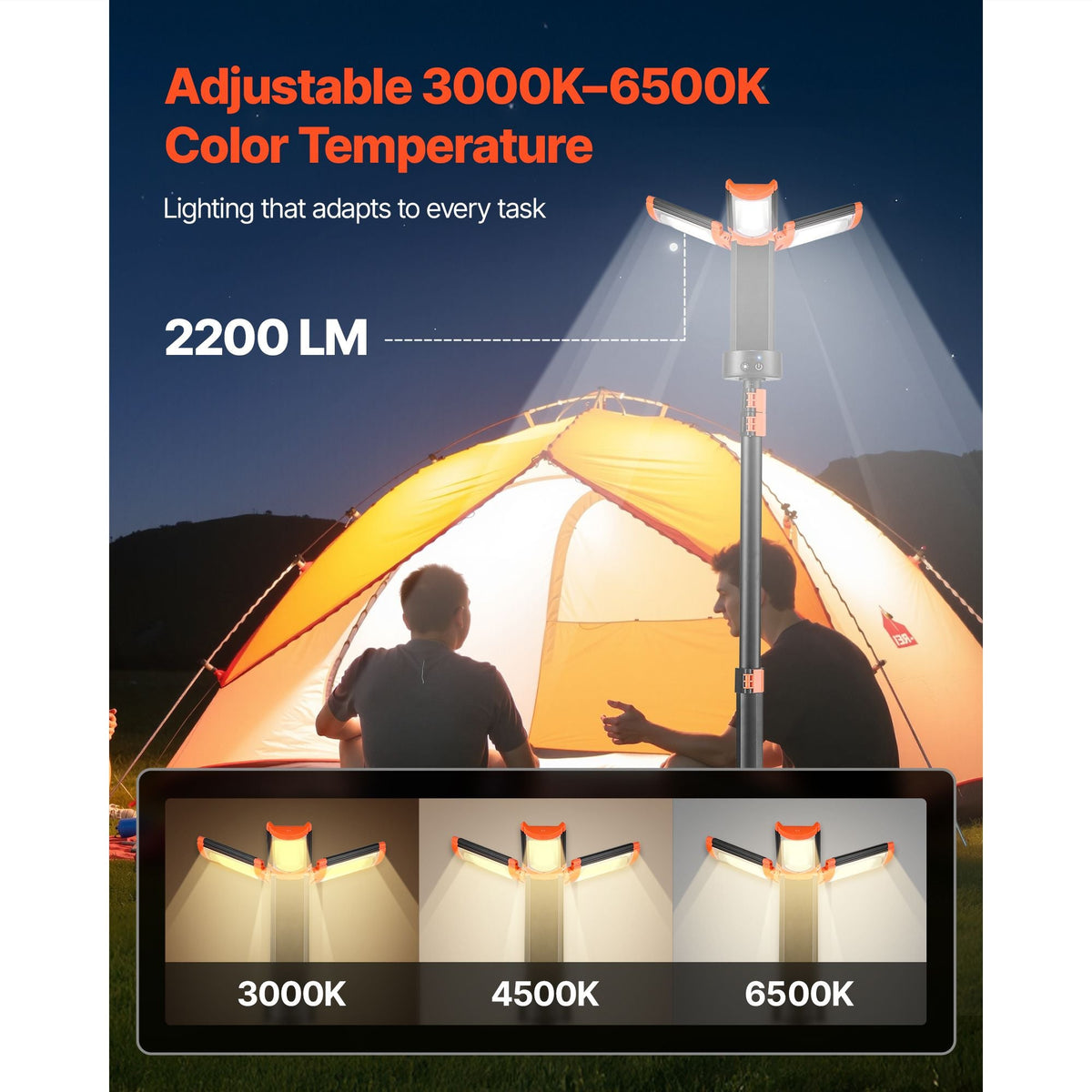 LED Work Light with Stand, 13.2Ah, Rechargeable Cordless Camping Light, with 3 Lamp Heads, Detachable Tripod Stand, 2200 Lumens 3000K-6500K Dimmable, Portable Construction Lighting for Job Site
